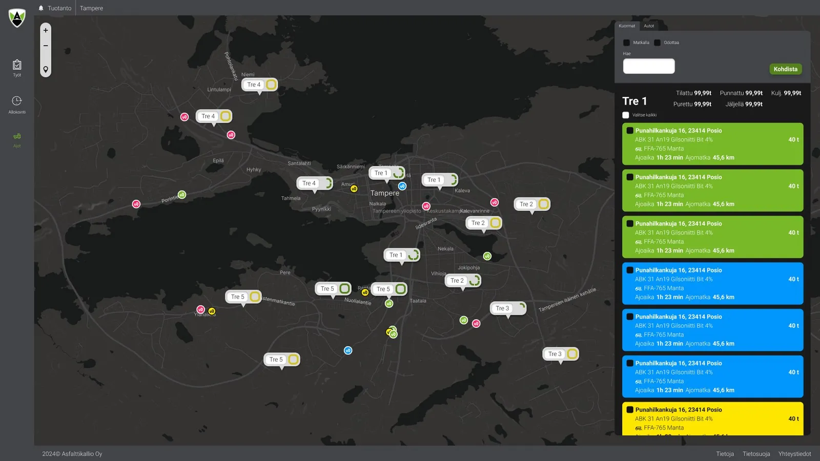 Drive management view: live map of Tampere with trucks, crews and load statuses