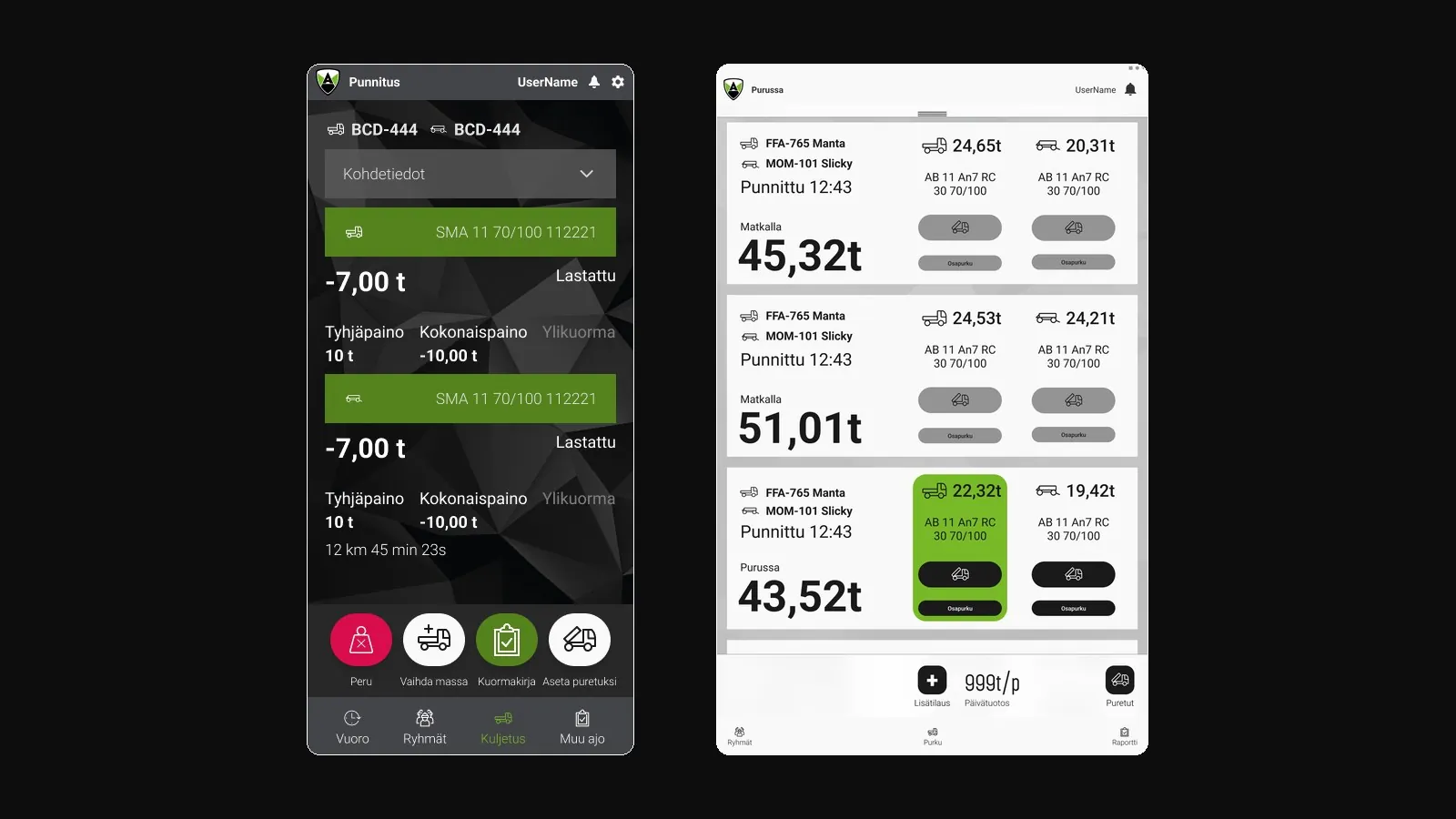 Driver mobile app: load weighing and unloading views for field crews