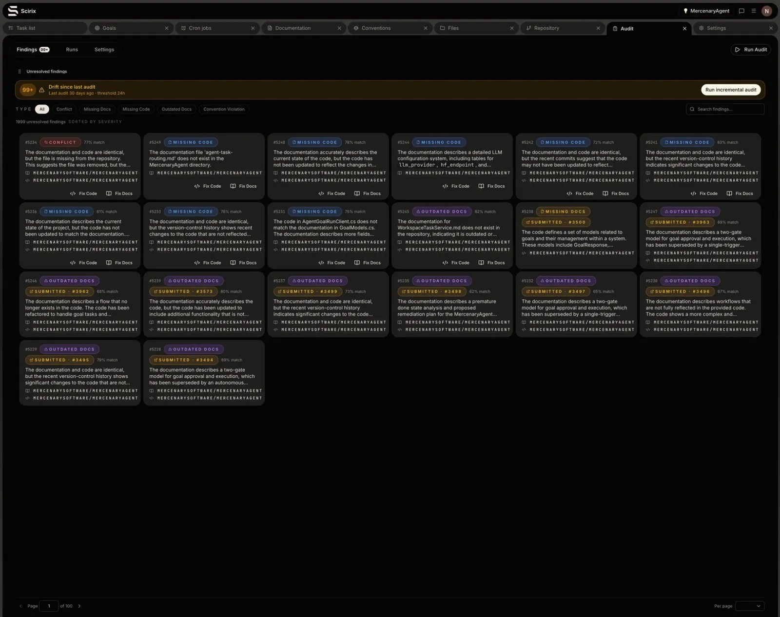 Scirix audit view with documentation drift findings