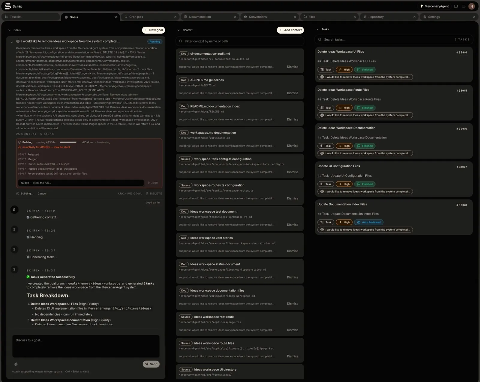 Scirix goals workspace with context and generated tasks